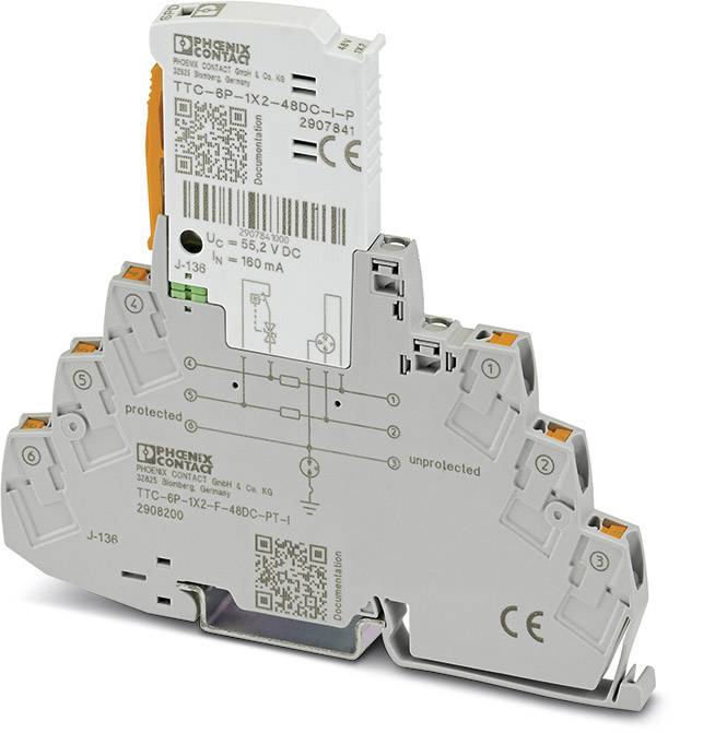'Apparaat van Phoenix Contact voor overspanningsbeveiliging montage op DIN-rail, met QR-codes en elektrische aansluitklemmen.'
