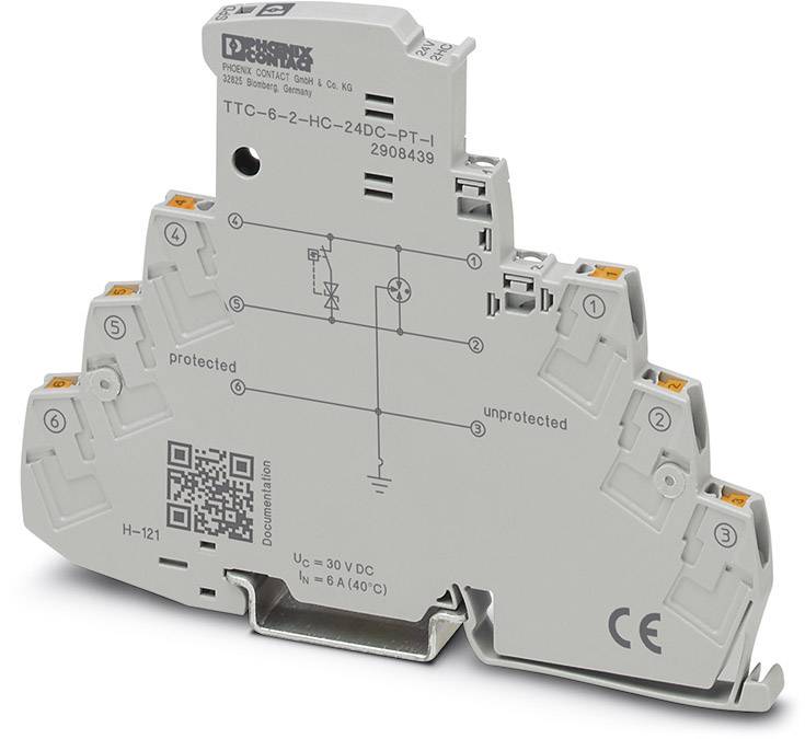 Overspanningsbeveiligingsapparaat voor DIN-rail, model TTC-6-2-HC-24DC-PT-I, met CE-markering en technische specificaties.