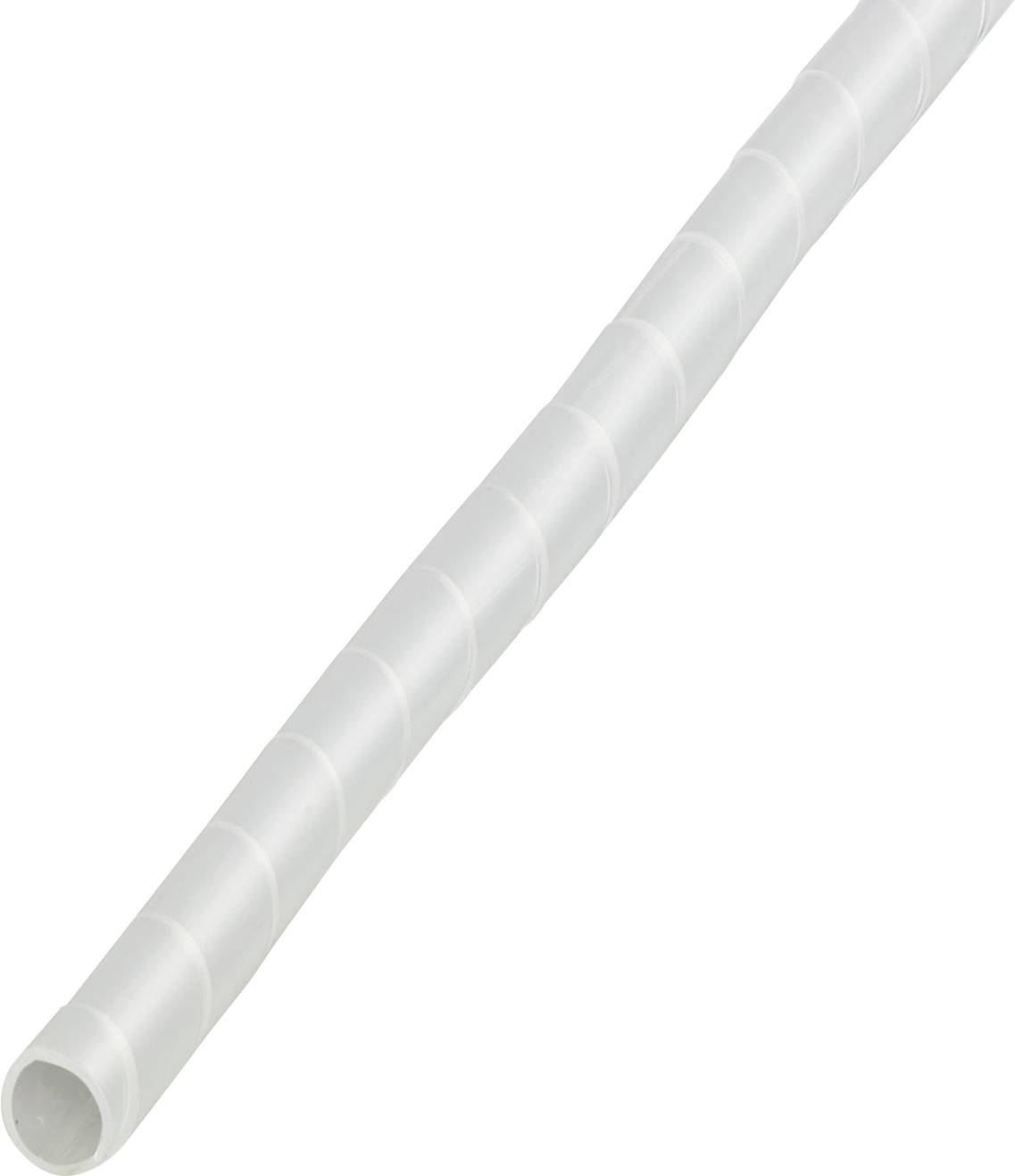 Een witte, flexibele kunststof spiraalwikkel gebruikt voor het organiseren en beschermen van kabels en draden, weergegeven opgerold op een wit oppervlak.