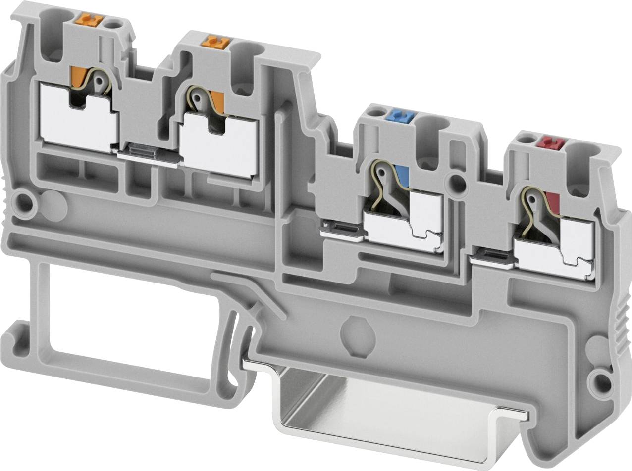 Een grijs elektrisch aansluitblok met drie kleurcoderingendraden: oranje, blauw en rood. Ontworpen voor industrieel of elektrisch gebruik.