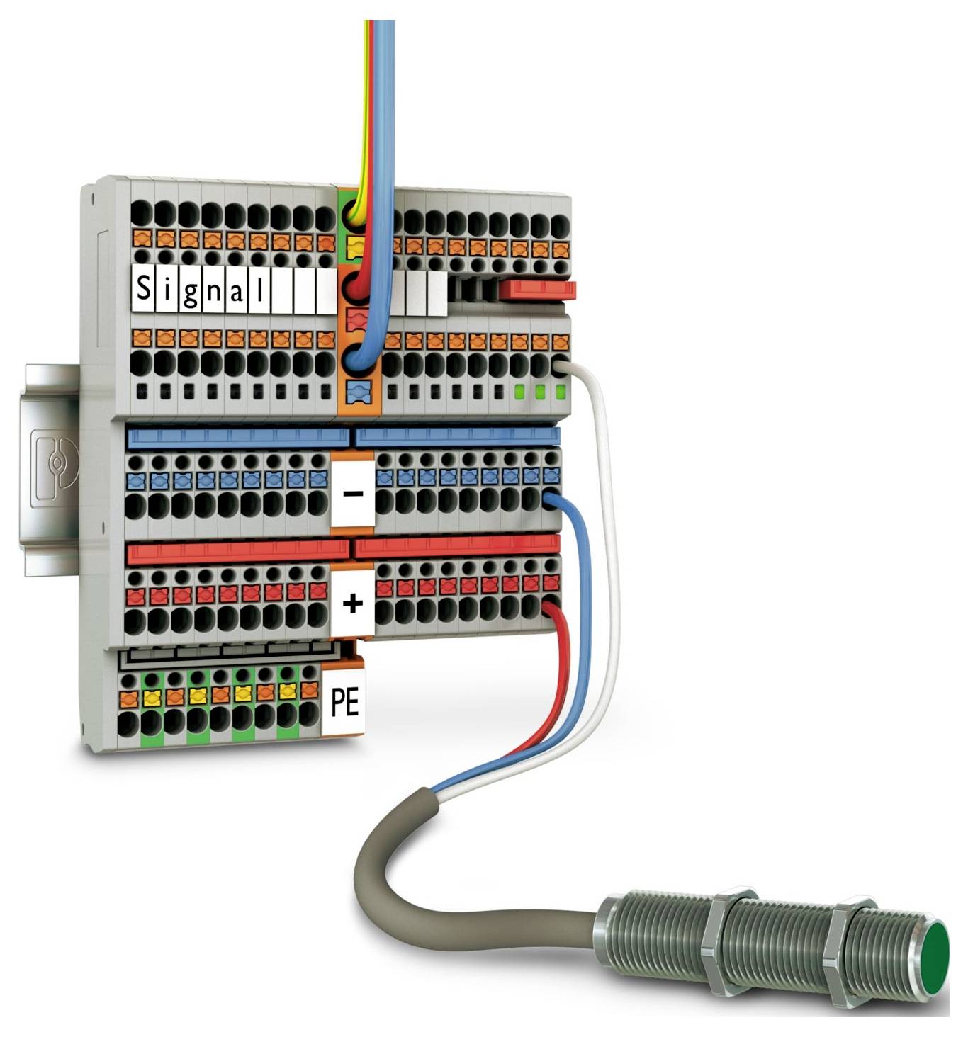 De illustratie van het 'Tewide' bedradingssysteem toont een gelabelde elektrische aansluitingsopstelling met kabels voor signaal, vermogen (+/-) en aarding (PE).