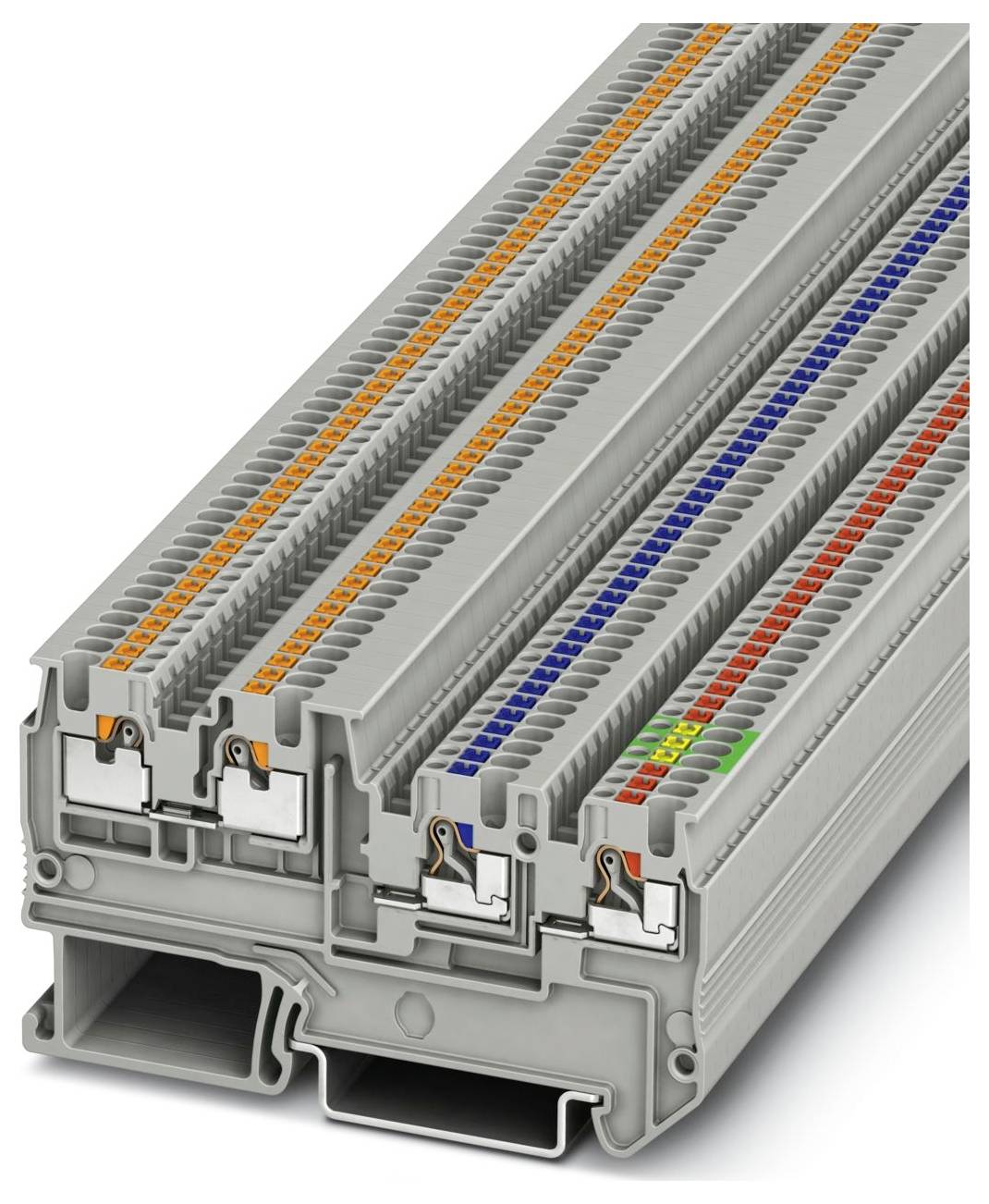 Een reeks grijze, meervoudige terminaalblokken met oranje, blauwe en groene kleurindicatoren voor het organiseren en verbinden van elektrische draden.