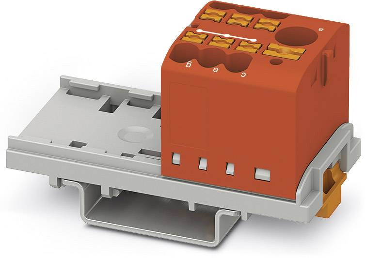 'Een oranje-grijze stekkerverbinding op DIN-rail, met klemmen voor leidingen.'