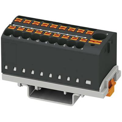 Zwarte elektrische stekkerverbinding met oranje klemmen op een grijze voet. Labelaanduiding van 'a' tot 's' boven de aansluitingen.