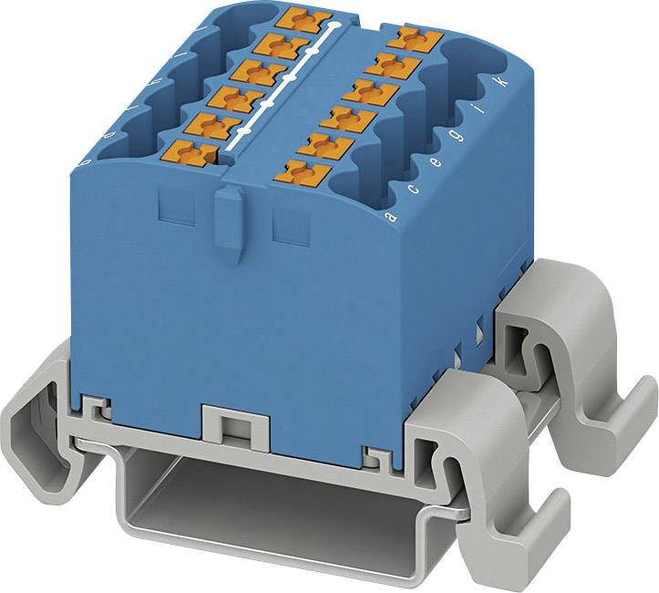 Een blauwe, modulaire elektrische stekkerverbinding met een grijs behuizing, geschikt voor DIN-railmontage, met meerdere aansluitingen.