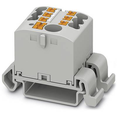 Grijze elektrische stekkerverbinding met oranje klemmen voor het verbinden van draden. Geschikt voor DIN-railmontage.