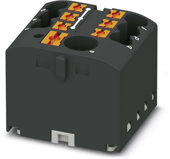 Zwarte elektrische voet voor relais met oranje aansluitklemmen voor het bevestigen van draden, geschikt voor industriële toepassingen.