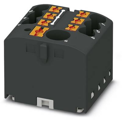 Zwarte elektrische voet voor relais met oranje aansluitklemmen voor het bevestigen van draden, geschikt voor industriële toepassingen.