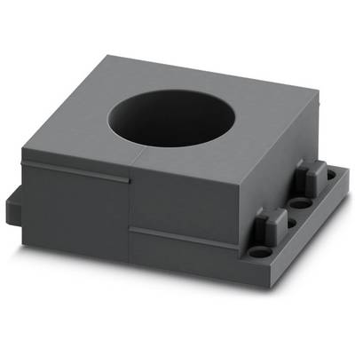 Grijs, rechthoekig kunststof behuizing met een centraal rond gat. Het dient als houder of adapter in technische toepassingen.