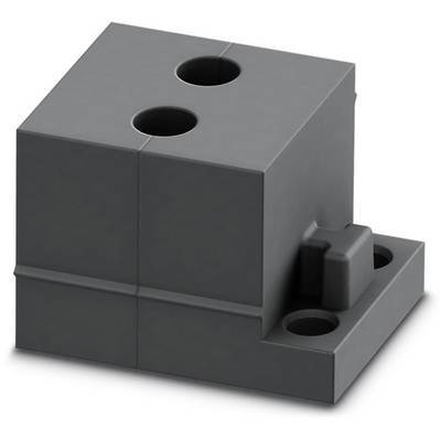 Zwarte rechthoekige blok met twee verticale gaten en een zijdelingse verhoging op een basisplaat.