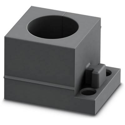Een rechthoekig, zwart kunststofblok met een centrale cilindrische holte. Beschikt over bevestigingsgaten aan de basis.