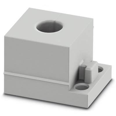 Een grijs, vierkant kunststofonderdeel met een centrale ronde opening en een zijdelingse bevestigingscomponent.