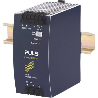DC/DC-converter van PULS Dimension met specificaties 'DC 24V 200W', 'DC 110V' en bedrijfs-LED's aan de voorkant. Gemonteerd op DIN-rail.