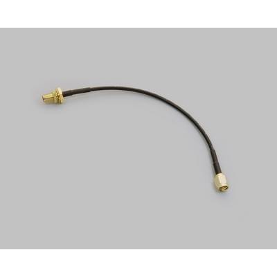 Kabel met twee goudkleurige stekkers aan de uiteinden op een grijze achtergrond.
