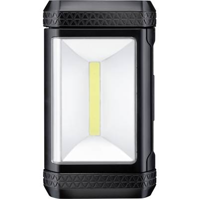 Zwarte, rechthoekige zaklamp met helder, rechthoekig lichtpaneel in het midden.