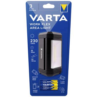 Packaging for a VARTA 'Work Flex Area Light', 230 Lumens, 35 hours of runtime, range of 22 meters. Including batteries, IP54 waterproof.