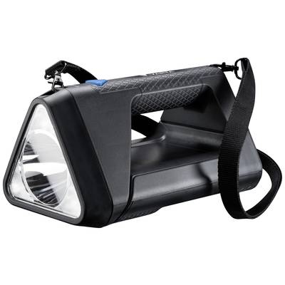 Zwarte, driehoekige zaklamp met handgreep en schouderriem, geschikt voor buitenactiviteiten en noodgevallen.