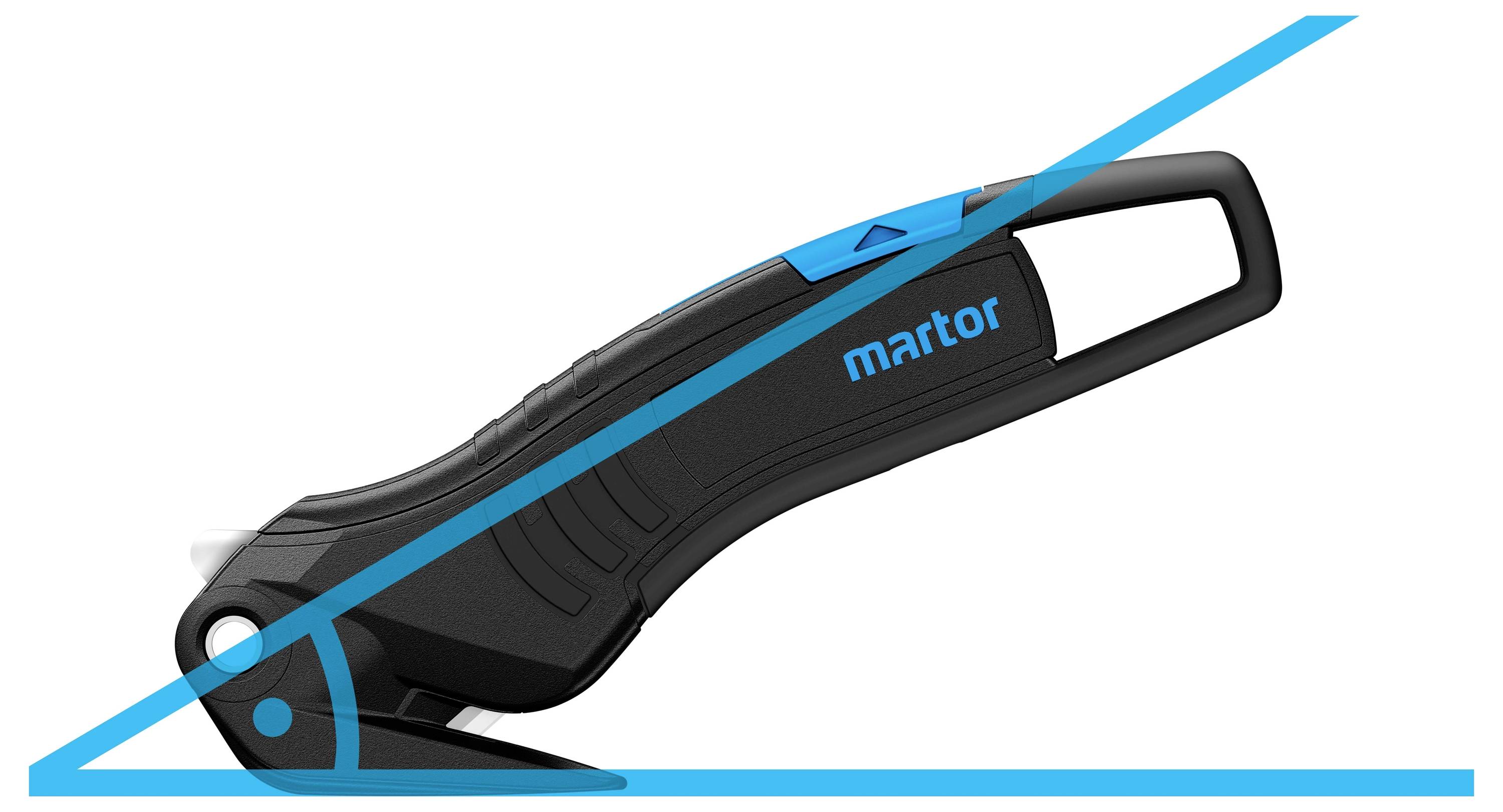 Zwart veiligheidsmesje met blauw "martor"-logo. Kunststof handgreep en lemmet, geschikt voor het veilig snijden van materialen.
