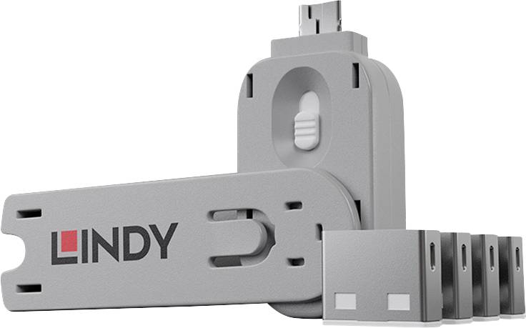 Grijze Lindy USB-apparaat met ingetrokken stekker en opvouwbare, verstelbare connectorkap.
