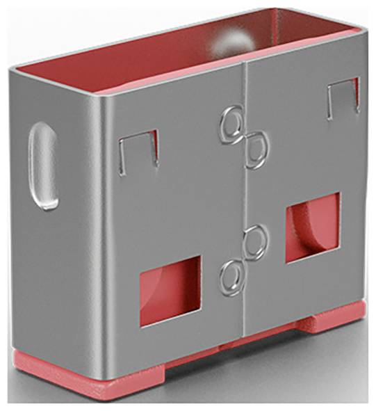 Grijs-en-rode metalen opslagkast met dubbele deuren, uitspaarde handgrepen en ventilatieopeningen, weergegeven op een neutrale achtergrond.