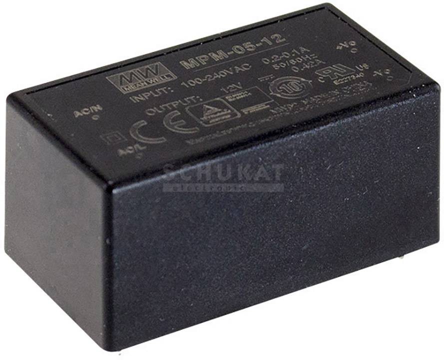 Zwart voedingsmodule met de opschriften 'MPM-05-12', 'INPUT: 100-240V AC', 'OUTPUT: 12V DC'. Geschikt voor elektronische apparaten.