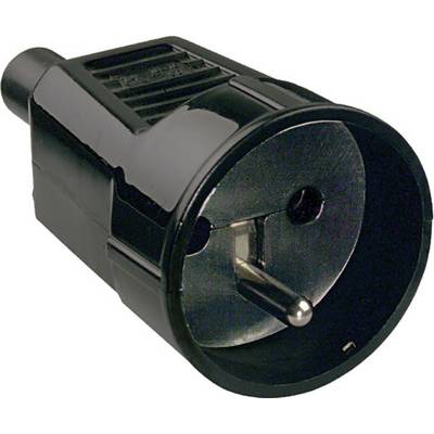 Een zwarte Europlug met twee ronde metalen pinnen en een randaarde, geschikt voor Europese stopcontacten.