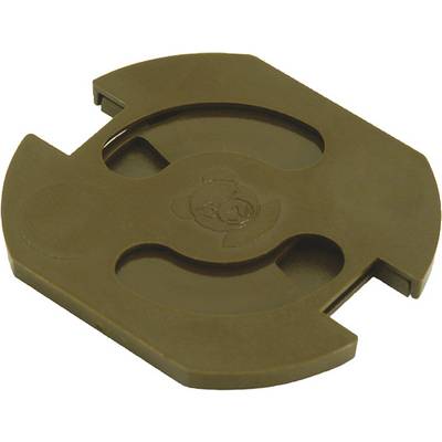 Een bruine kunststof adapter voor het afspelen van langspeelplaten met een groot middengat op een platenspeler met een kleine as.