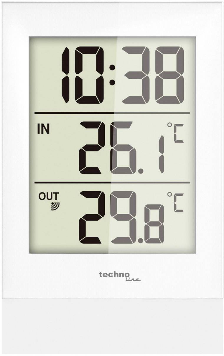 Digitale thermometer toont '10:38'. Binnentemperatuur: 26,1°C. Buitentemperatuur: 29,8°C. Merknaam onderaan.