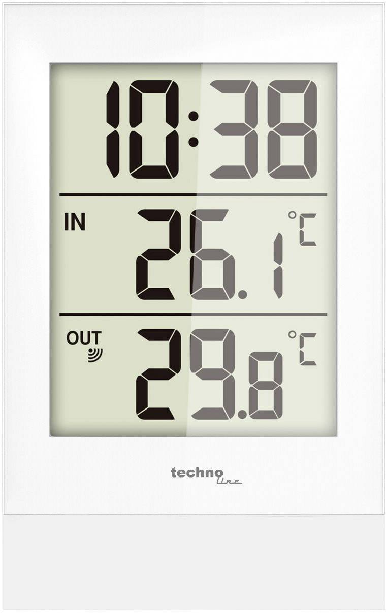 Digitale display toont de volgende informatie: Tijd '10:38', Binnentemperatuur '26,1°C', Buitentemperatuur '29,8°C'.