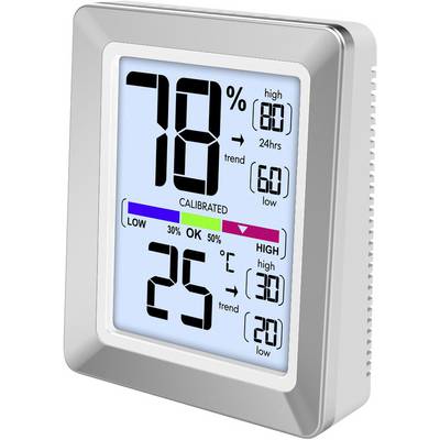 Digitale hygrometer-thermometer toont 78% luchtvochtigheid en 25°C temperatuur. Temperatuurtrends en min/max-waarden beschikbaar.