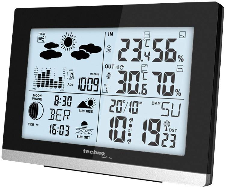 Een digitaal weerstation toont binnen- en buitentemperaturen, luchtvochtigheid, luchtdruk, zonsopkomst en -ondergang evenals maanfasen.