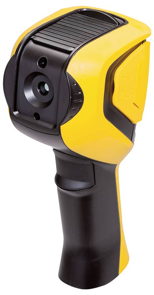 Een handheld optisch apparaat met een geel en zwart behuizing, dat waarschijnlijk wordt gebruikt voor warmtebeeldvorming of scannen.
