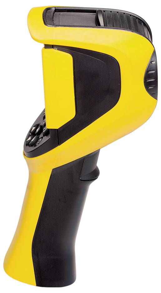 Een geel handapparaat met een zwarte greep en scherm, waarschijnlijk een barcodescanner, tegen een witte achtergrond.