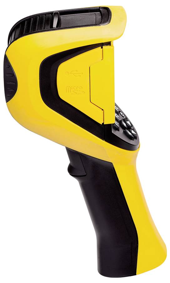 Gele handscanner met ergonomische greep, zwart bedieningspaneel en trekker. Geschikt voor opslag en inventarisatie.