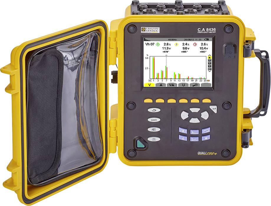 Een draagbaar elektrisch meetinstrument met open deksel toont een kleurengrafisch display met staafdiagrammen en meerdere toetsen.