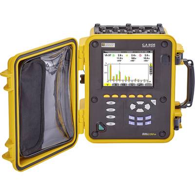 Een draagbaar elektrisch meetinstrument met open deksel toont een kleurengrafisch display met staafdiagrammen en meerdere toetsen.