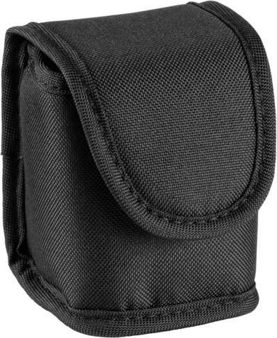 Zwarte gewatteerde tas met klittenbandsluiting, geschikt voor het opbergen van kleine elektronische apparaten of accessoires.