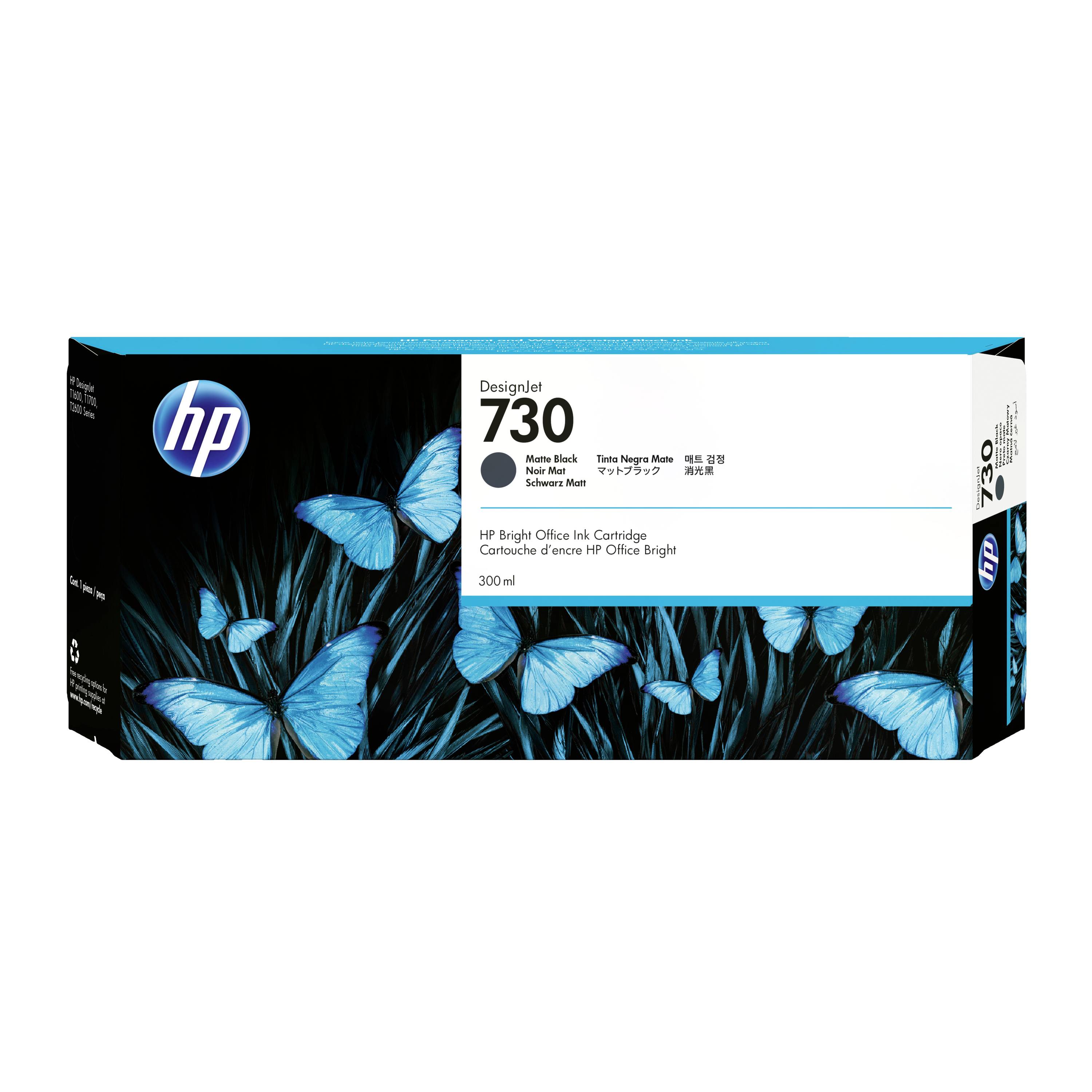 HP DesignJet 730 mat zwarte inktcartridge doos, 300 ml, weergegeven met blauwe vlindertekening en HP-logo.