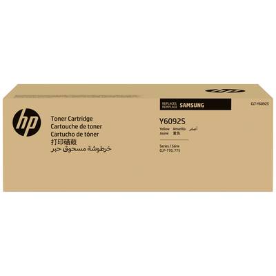 Kartonnen verpakking van een HP-tonercartridge, Model Y6092S, geel, compatibel met Samsung. Bevat productdetails in meerdere talen.