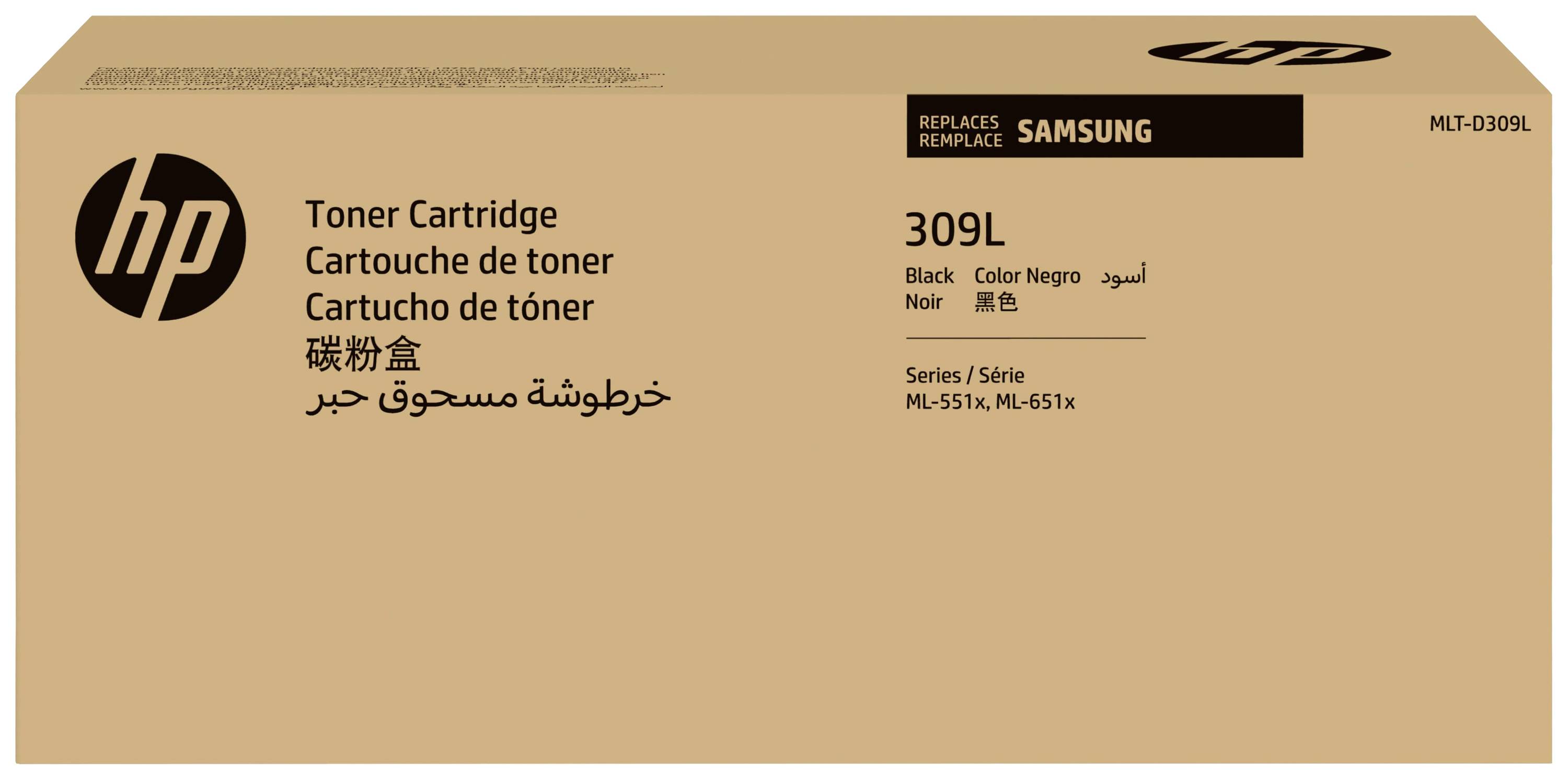 'HP 309L Tonerpatroon: Zwart, compatibel met modellen M-551, M-651.' Productverpakking toont fabrikants- en productinformatie.