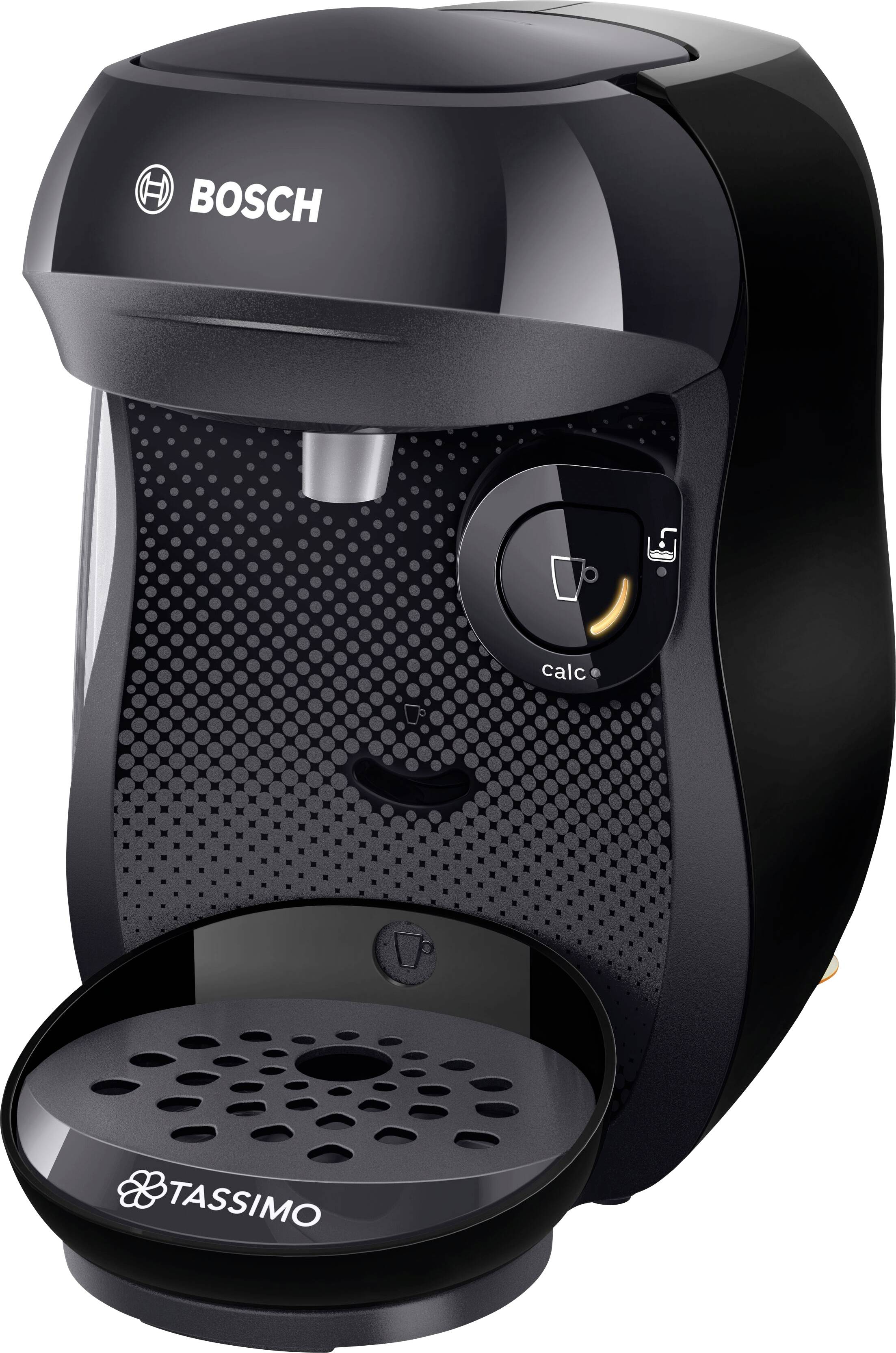 Koffiemachine in het zwart met kopjesplateau, Tassimo-logo en Bosch-merk. Aan de zijkant bevindt zich een schakelaar met een bekerssymbool.