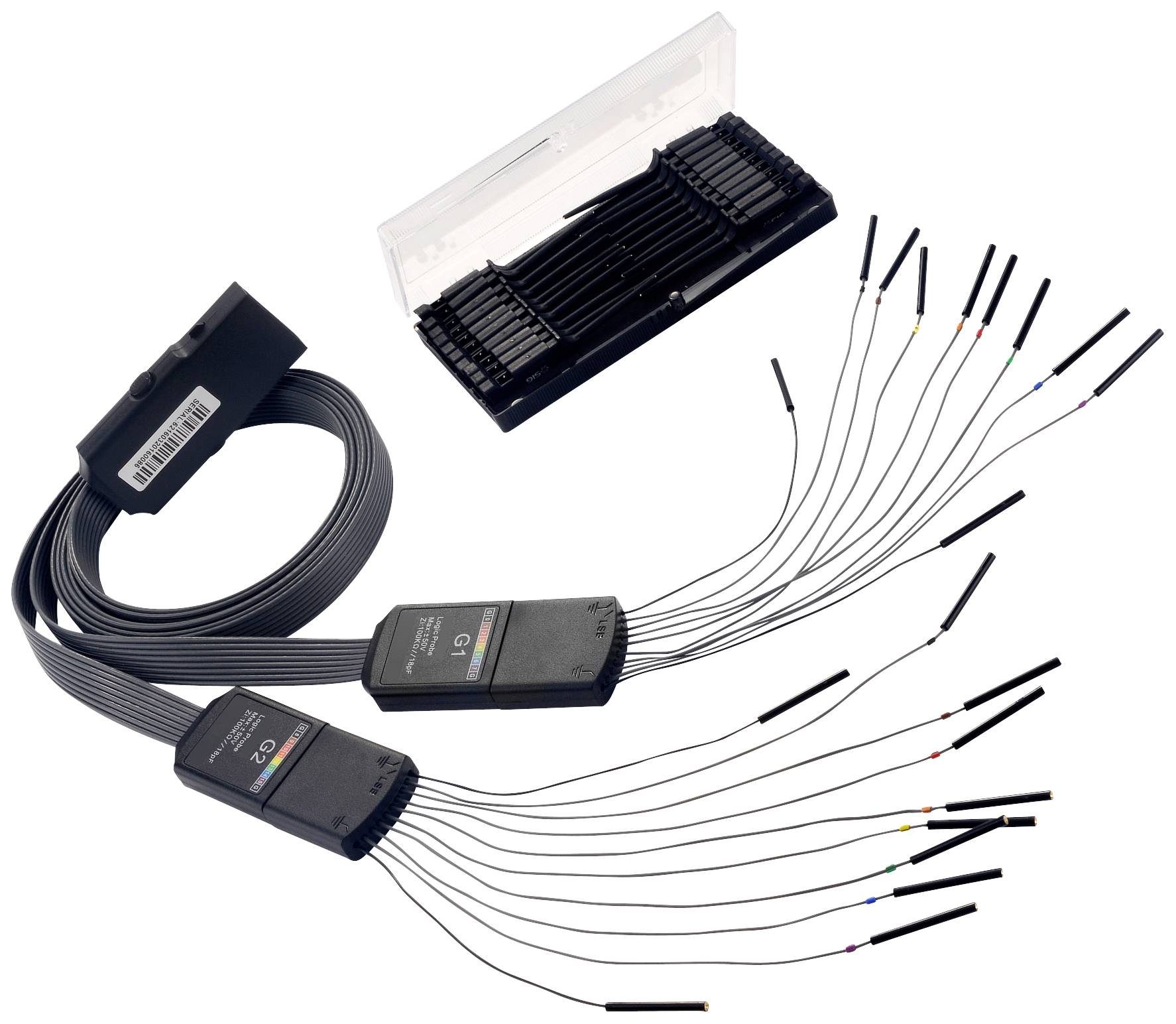 Analysestekker met kabels en aansluitmodules, bestemd voor de bewaking en analyse van elektrische signalen in technische apparaten.