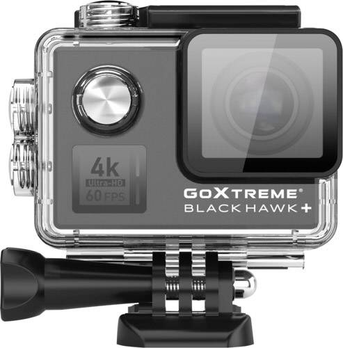Een zwarte actiecamera met het opschrift 'Goxtreme Black Hawk+'. De camera ondersteunt 4K Ultra HD bij 60 beelden per seconde.