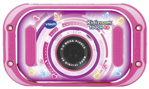 Een roze kindercamera met een groot objectief, versierd met vlinders en harten. Model 'Kidizoom Touch 5.0' van VTech.