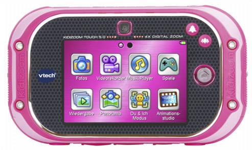Kindercamera in roze met scherm en kleurrijke pictogrammen. Functies omvatten spelletjes, muziekspeler, foto- en videofuncties.