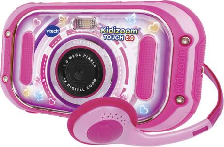 Roze kindercamera 'Kidizoom Touch 5.0' van VTech met 5.0 megapixel lens en digitale zoom, versierd met hart- en vlindermotieven; inclusief koptelefoon.