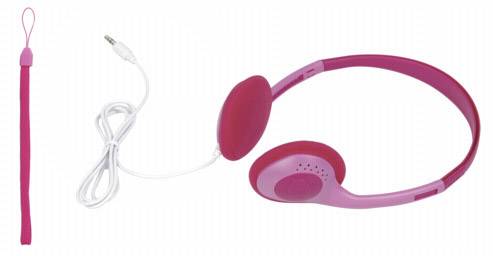 Roze koptelefoon met oordopjes en kabel, naast een roze draaglus.