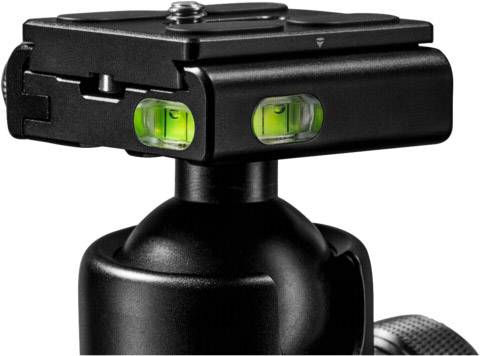 Een zwarte camerastatief-kop met twee ingebouwde waterpassen om de horizontale lijn nauwkeurig uit te lijnen.