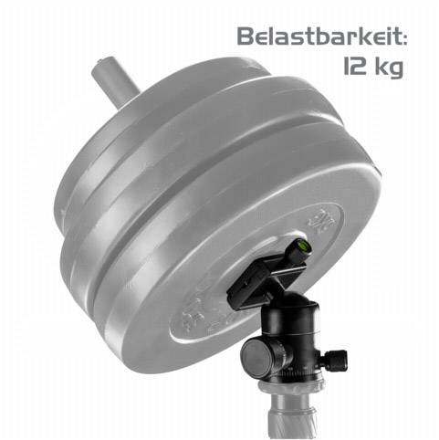 'Belastbaarheid: 12 kg' staat rechtsboven. De afbeelding toont meerdere gewichtsschijven op een standaard die is gemonteerd op een statief.