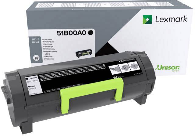 'Tonercartridge-doos van Lexmark met tonerpatroon Model 51B00A0 voor printers MS317 en MS317. Grijs design met groene handgreep.'